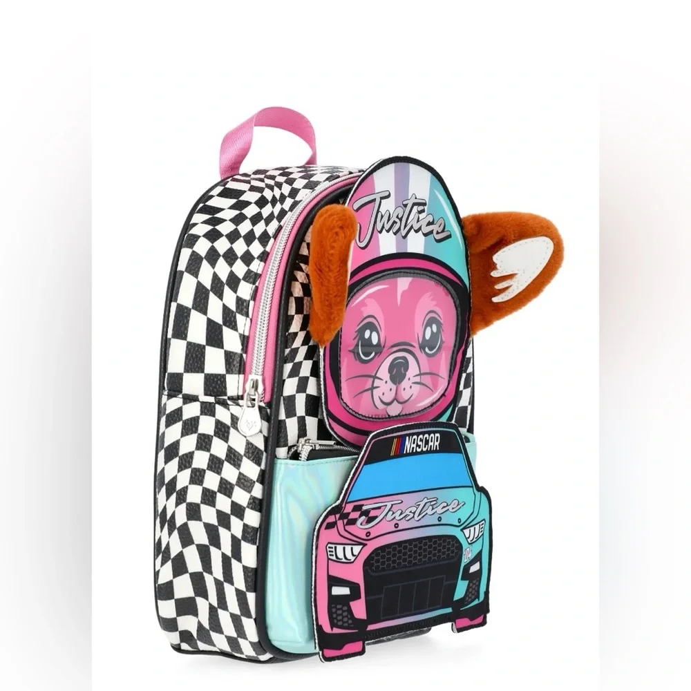 NWT Justice xNASCAR Girls Mini Racer Backpack Checkerboard Pink Multi Plush Ears